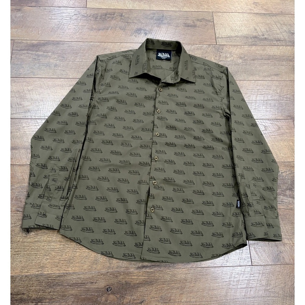 Vintage Y2k Von Dutch Originals AOP Logo Button Up Long Sleeve Shirt Green Med